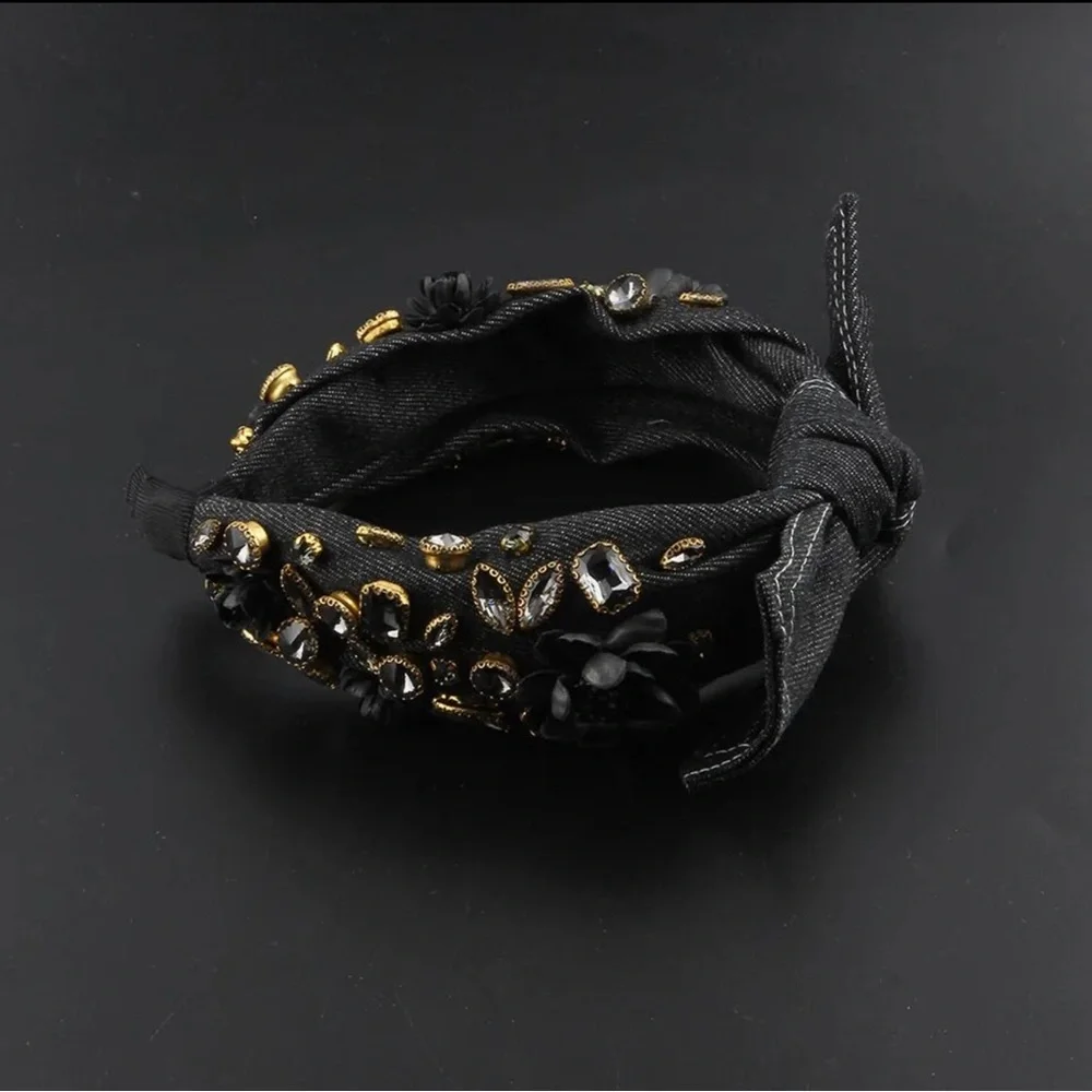 New! The “Baroque Cowboy” Rustic Denim And Rhinestone Bow Headband